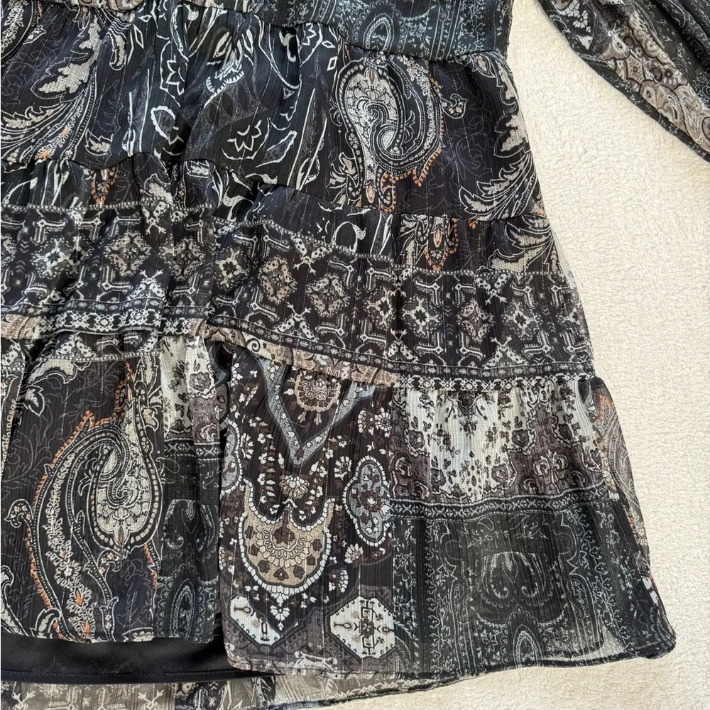 ZARA Boho Paisley Tiered Mini Dress Size M Sheer Long Sleeve Babydoll Tunic - Picture 5 of 16